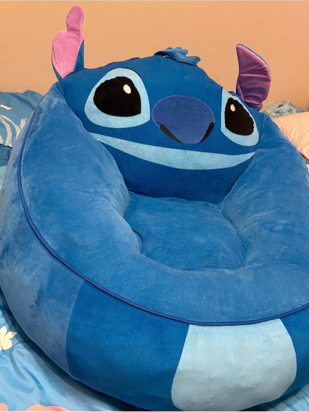 Disney Blue Stitch Plush Kids Seat with Pink Ear Accents